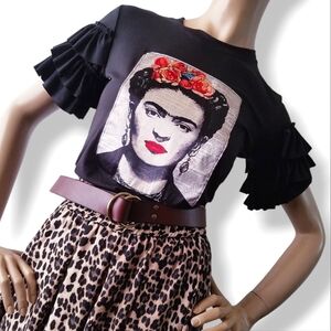 Frida Kahlo Print Tiered Ruffled Sleeve Top by Denimland